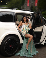 Classic Green Sweetheart One Shoulder Mermaid Wedding Dresses Sheath Gem With High Split