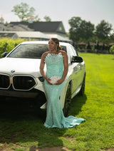 Glamorous Mint Strapless Sleeveless Mermaid Wedding Dresses Column Long With Gem