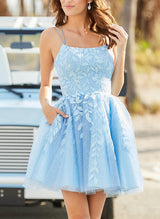 A-Line/Princess Sleeveless Short/Mini Tulle Homecoming Dresses WIth Appliques Lace