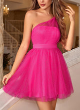A-Line/Princess One Shoulder Tulle Sleeveless Short/Mini Homecoming Dresses With Pleated