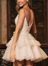A-Line Sleeveless V-Neck Tulle Short/Mini Homecoming Dresses With Cascading Ruffles