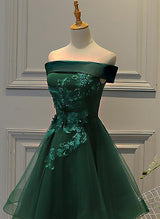A-line Off-the-Shoulder short sleeves Tulle Satin Short/Mini Homecoming Dress With Appliques Lace Beading
