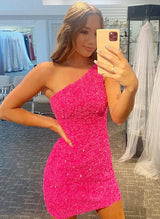 Sheath/Column One-Shoulder Sleeveless Sequined Short/Mini Homecoming Dresses With Sequins
