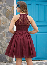 A-Line High Neck Sleeveless Tulle Lace Knee-length Homecoming Dress With Lace Pleated