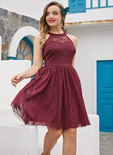 A-Line High Neck Sleeveless Tulle Lace Knee-length Homecoming Dress With Lace Pleated