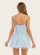 A-Line V-Neck Sleeveless Lace Short/Mini Homecoming Dress With Appliques Lace