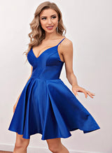 A-Line V-Neck Sleeveless Satin Short/Mini Homecoming Dress With Pleated
