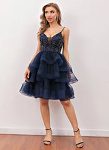 A-Line V-Neck Sleeveless Tulle Short/Mini Homecoming Dress With Pleated
