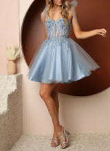 A-Line Sweetheart Sleeveless Short/Mini Tulle Homecoming Dresses With Appliques Lace