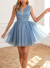 A-Line V-neck Sleeveless Short/Mini Tulle Homecoming Dresses