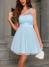 A-Line One-Shoulder Sleeveless Short/Mini Tulle Homecoming Dresses