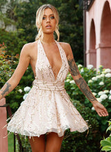 A-Line V-Neck Sleeveless Short/Mini Sequined Homecoming Dresses With Bow(s)