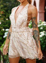 A-Line V-Neck Sleeveless Short/Mini Sequined Homecoming Dresses With Bow(s)