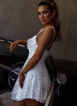 A-Line Cowl Neck Sleeveless Short/Mini Sequined Homecoming Dresses