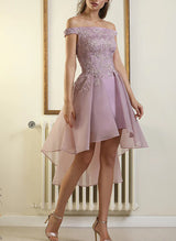 A-Line Off-The-Shoulder Satin/Tulle Homecoming Dresses With Cascading Ruffles