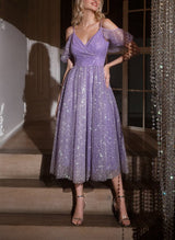 A-Line V-Neck Short Sleeves Tea-Length Homecoming Dresses