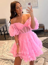 A-Line Sweetheart Short Sleeves Short/Mini Tulle Homecoming Dresses