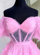 A-Line Sweetheart Short Sleeves Short/Mini Tulle Homecoming Dresses