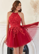 A-Line Halter Short/Mini Tulle Homecoming Dresses With Appliques Lace