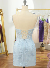 Sheath/Column Sleeveless Strapless Lace Short/Mini Homecoming Dresses With Lace
