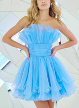 A-Line Strapless Sleeveless Tulle Homecoming Dresses With Cascading Ruffles