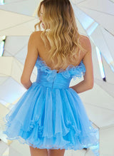 A-Line Strapless Sleeveless Tulle Homecoming Dresses With Cascading Ruffles