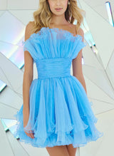 A-Line Strapless Sleeveless Tulle Homecoming Dresses With Cascading Ruffles