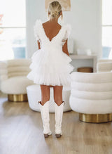 A-Line V-Neck Sleeveless Short/Mini Tulle Homecoming Dresses With Cascading Ruffles