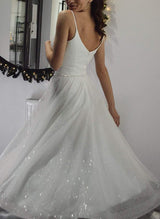 A-Line V-Neck Sleeveless Tea-Length Sequined Homecoming Dresses