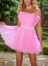 A-Line Strapless Sleeveless Short/Mini Tulle Homecoming Dresses With Cascading Ruffles
