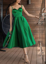 A-Line Sweetheart Sleeveless Tea-Length Satin Homecoming Dresses