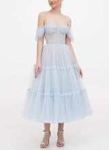 A-Line Sweetheart Sleeveless Tea-Length Tulle Homecoming Dresses