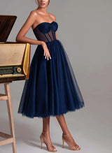 A-Line Sweetheart Sleeveless Tea-Length Tulle Homecoming Dresses
