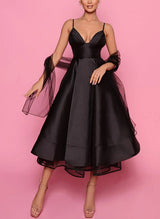 A-Line V-Neck Sleeveless Satin/Tulle Homecoming Dresses With Pockets