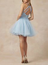 A-Line Sleeveless Lace/Tulle Homecoming Dresses With Appliques Lace