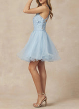 A-Line Sleeveless Lace/Tulle Homecoming Dresses With Appliques Lace
