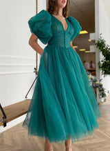 A-Line V-Neck Short Sleeves Tea-Length Tulle Homecoming Dresses