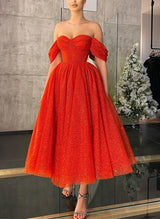 A-Line Off-The-Shoulder Sleeveless Tea-Length Homecoming Dresses