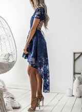 A-Line V-Neck Short Sleeves Asymmetrical Lace Homecoming Dresses