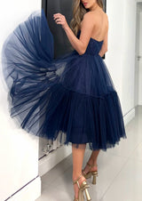 Strapless Tulle A-Line Tea-Length Blue Homecoming Dresses