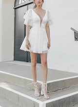 A-Line V-Neck Short Sleeves Short/Mini Sequined Homecoming Dresses