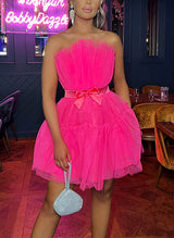 A-Line Strapless Sleeveless Short/Mini Tulle Homecoming Dresses With Sash