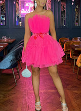A-Line Strapless Sleeveless Short/Mini Tulle Homecoming Dresses With Sash