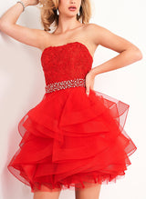 A-Line Strapless Short/Mini Lace/Tulle Homecoming Dresses With Rhinestone