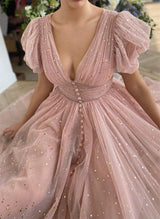 Sparkly Tulle V-Neck Tea-Length Homecoming Dresses