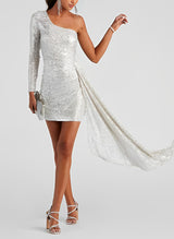 One-Shoulder Long Sleeves Short/Mini Sequined Homecoming Dresses