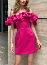 Sheath/Column Off-The-Shoulder Short/Mini Satin Homecoming Dresses