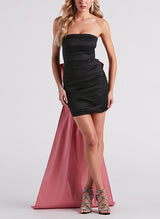 Sheath/Column Strapless Short/Mini Satin Homecoming Dresses With Bow(s)
