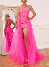 Column One-Shoulder Detchable Train Tulle/Sequined Homecoming Dresses