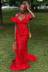 Dazzling Red Sweetheart Off-The-Shoulder Straps Wedding Dresses Mermaid Column With Lace-Up Back